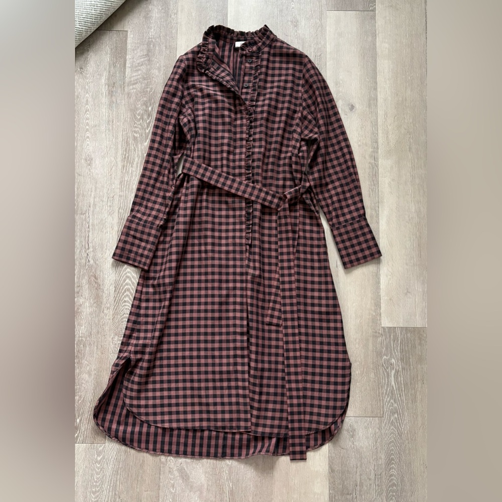 COS Belted Ruffled Midi Short Dress Plaid Brown Black Check